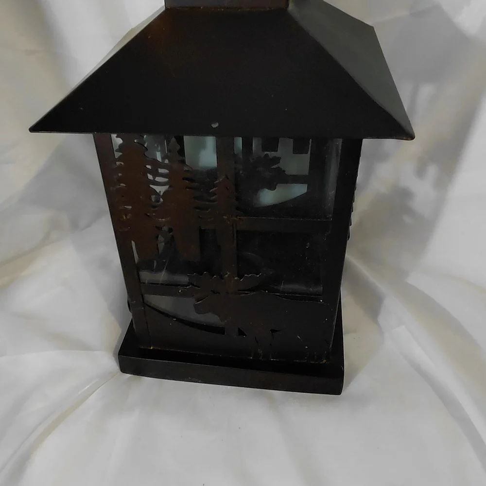 Dark Brown Metal Lantern with Moose Silhouette - Decorative Accent